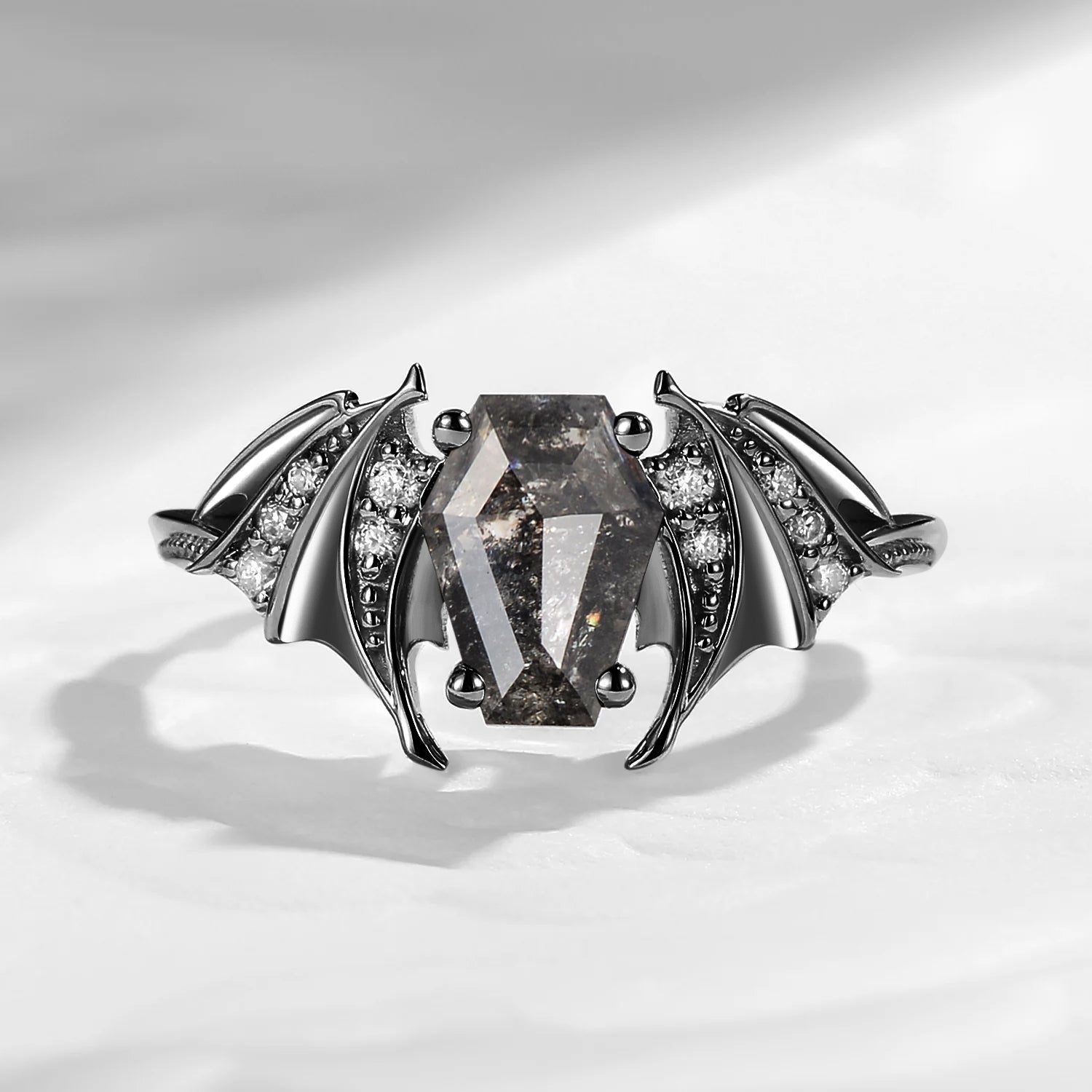 Coffin Cut Salt And Pepper Diamond Bat Wing Inspired Black Gold Engagement Ring - Bat Ring