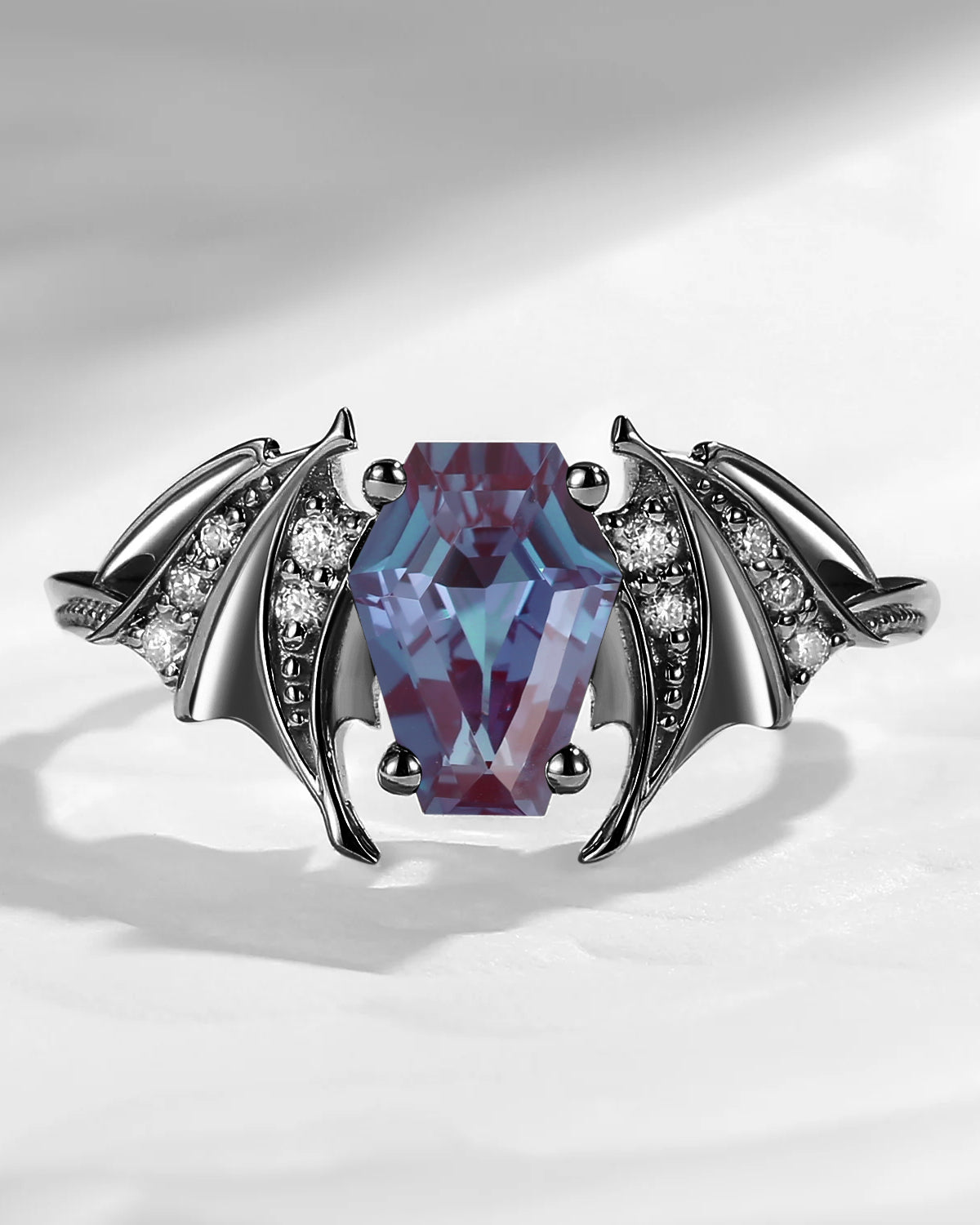 Coffin Cut Lab Alexandrite Gothic Inspired Black Gold Engagement Ring - Bat Ring