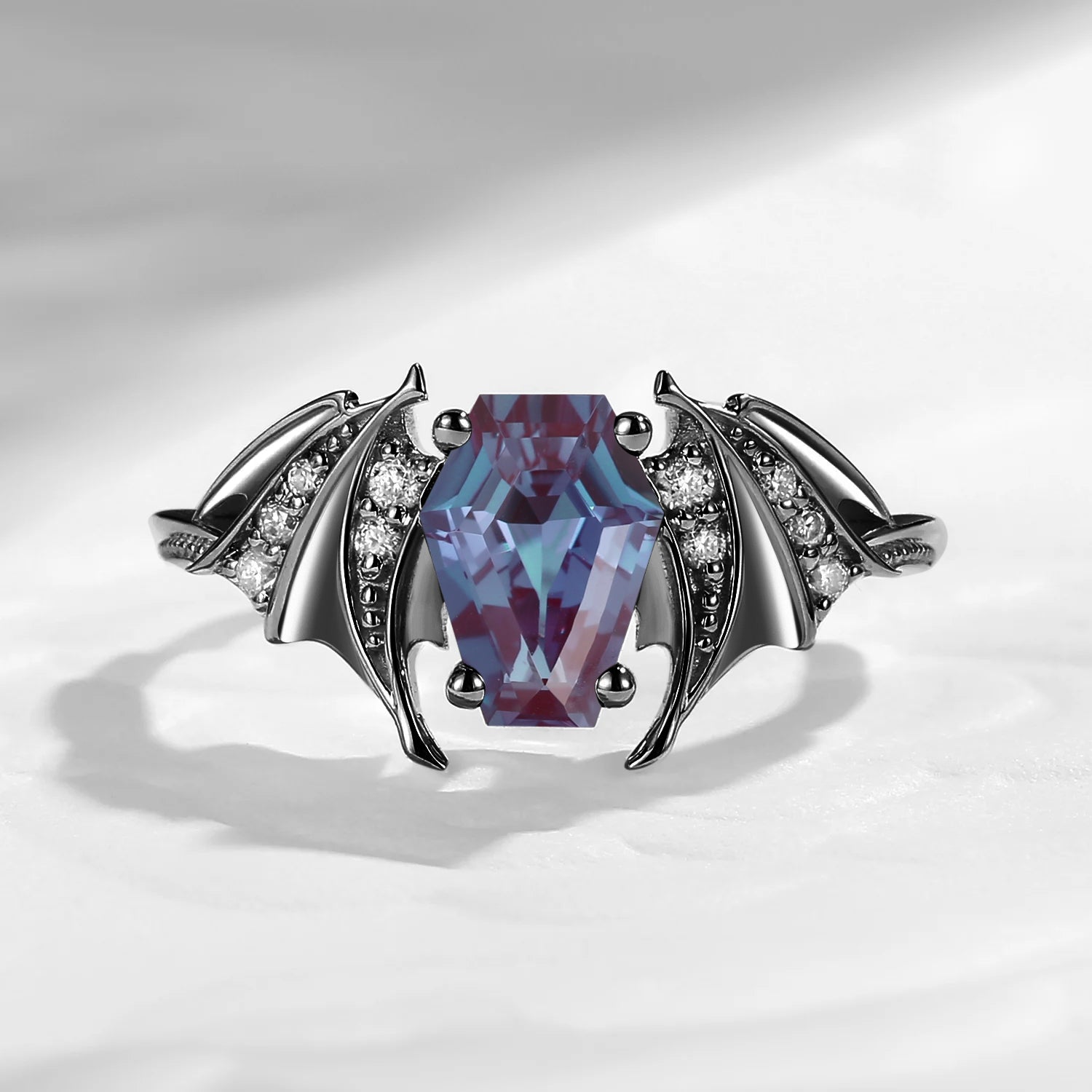 Coffin Cut Lab Alexandrite Gothic Inspired Black Gold Engagement Ring - Bat Ring