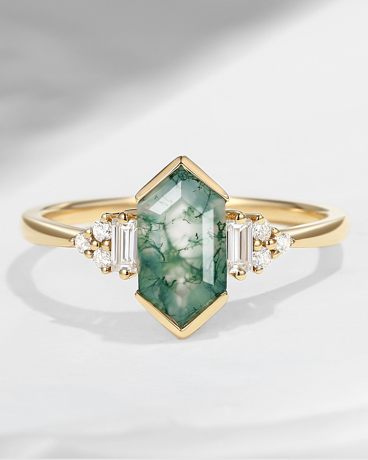 Art Deco Long Hexagon Moss Agate Cluster Engagement Ring