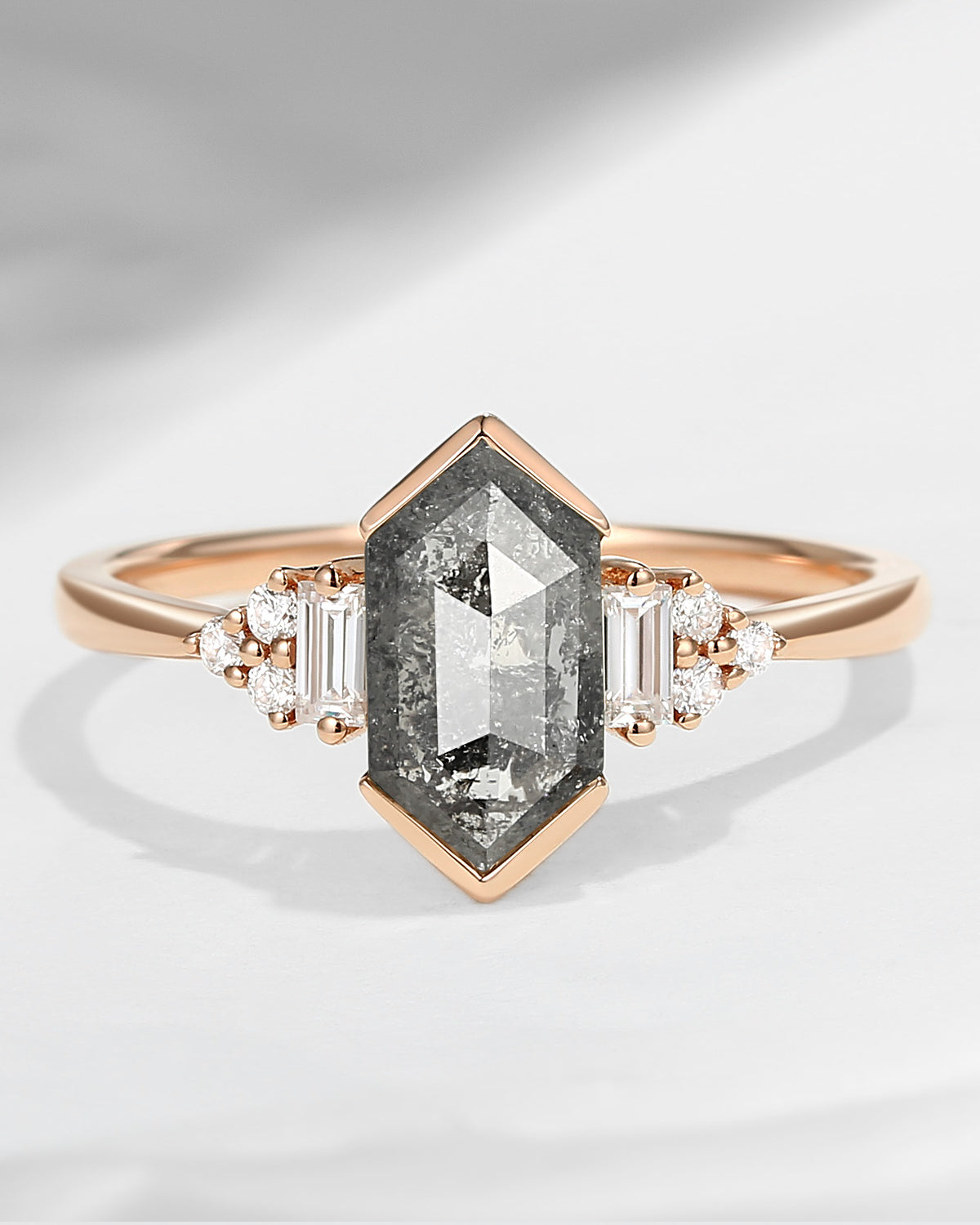 Long Hexagon Natural Salt And Pepper Diamond Vintage Cluster Engagement Ring