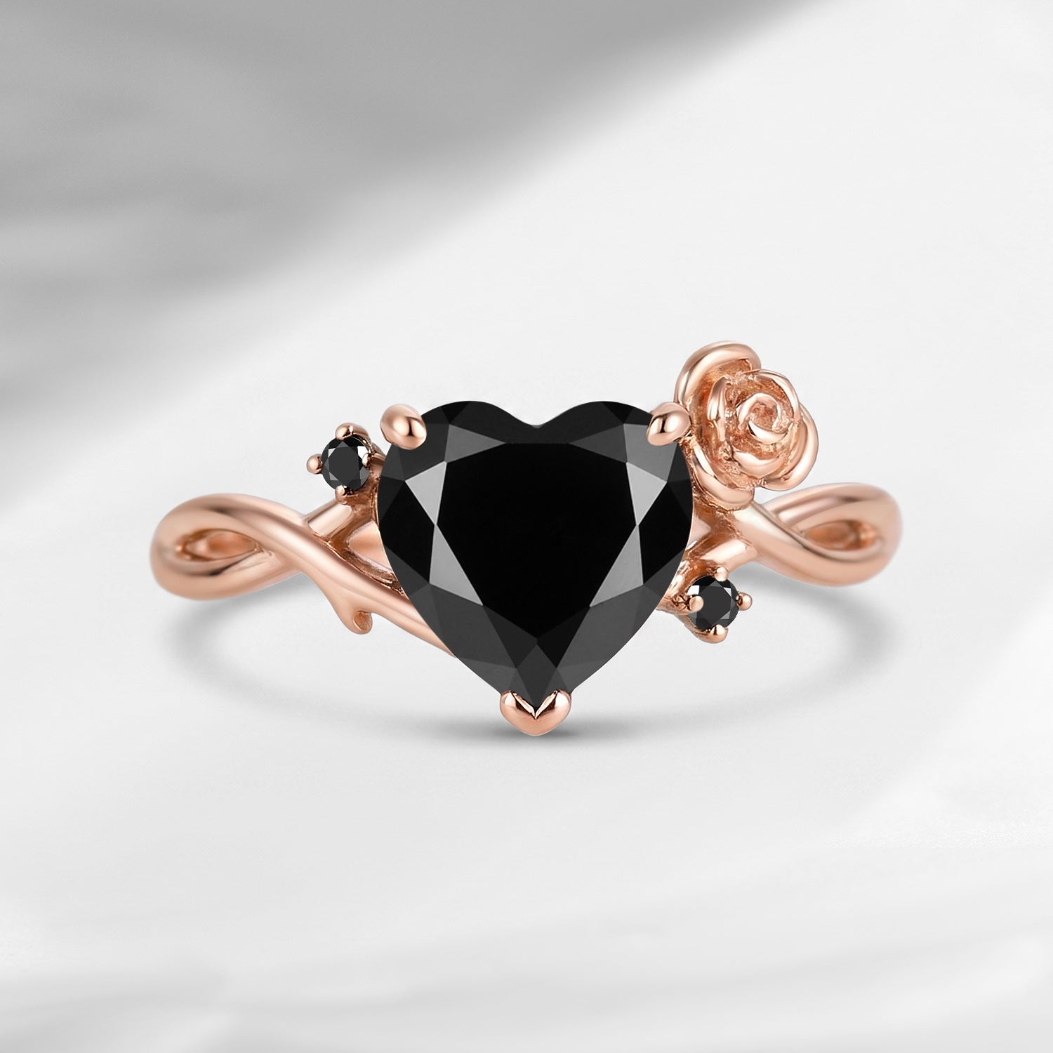 'Une Seule Fleur' - Nature Inspired Heart Cut Black Moissanite Thorns & Roses Flower Engagement Ring with Twisted Vine-inspired Band