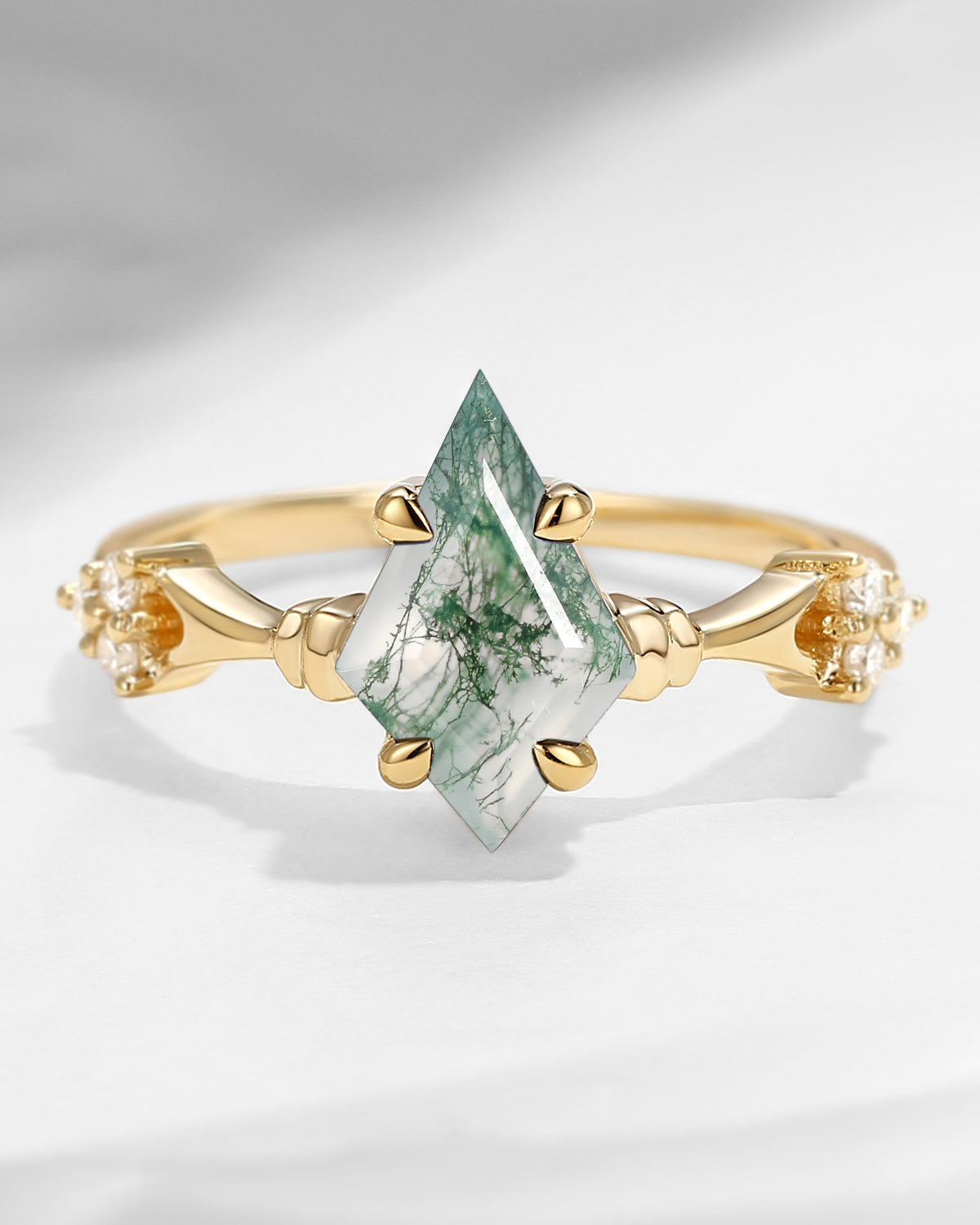 Vintage Inspired Kite Cut Moss Agate Engagement Ring