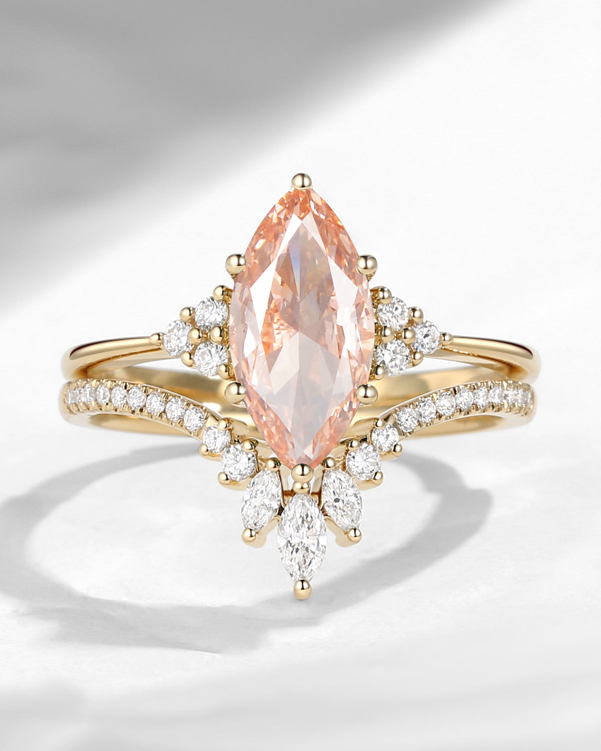 Classic Style Marquise Cut Pink Lab Diamond Cluster Engagement Ring Set 2pcs