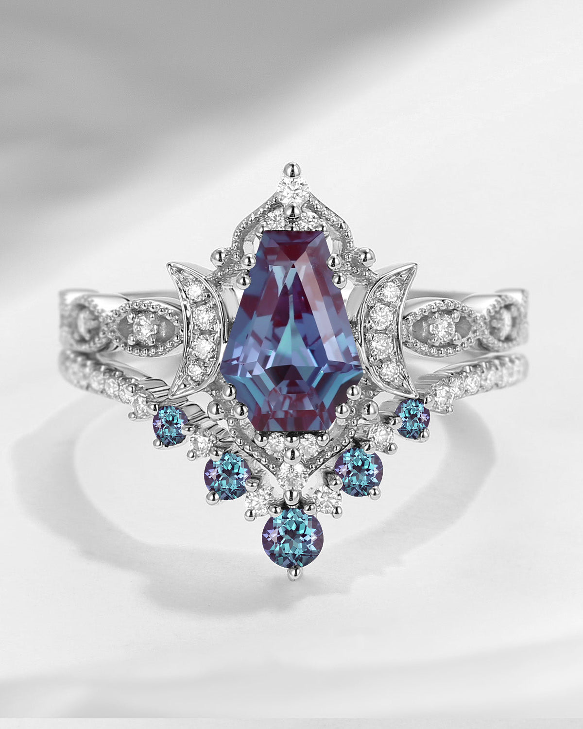 Crescent Moon | Coffin Cut Lab Alexandrite 'Till Death Do Us Apart' Ring Set 2pcs
