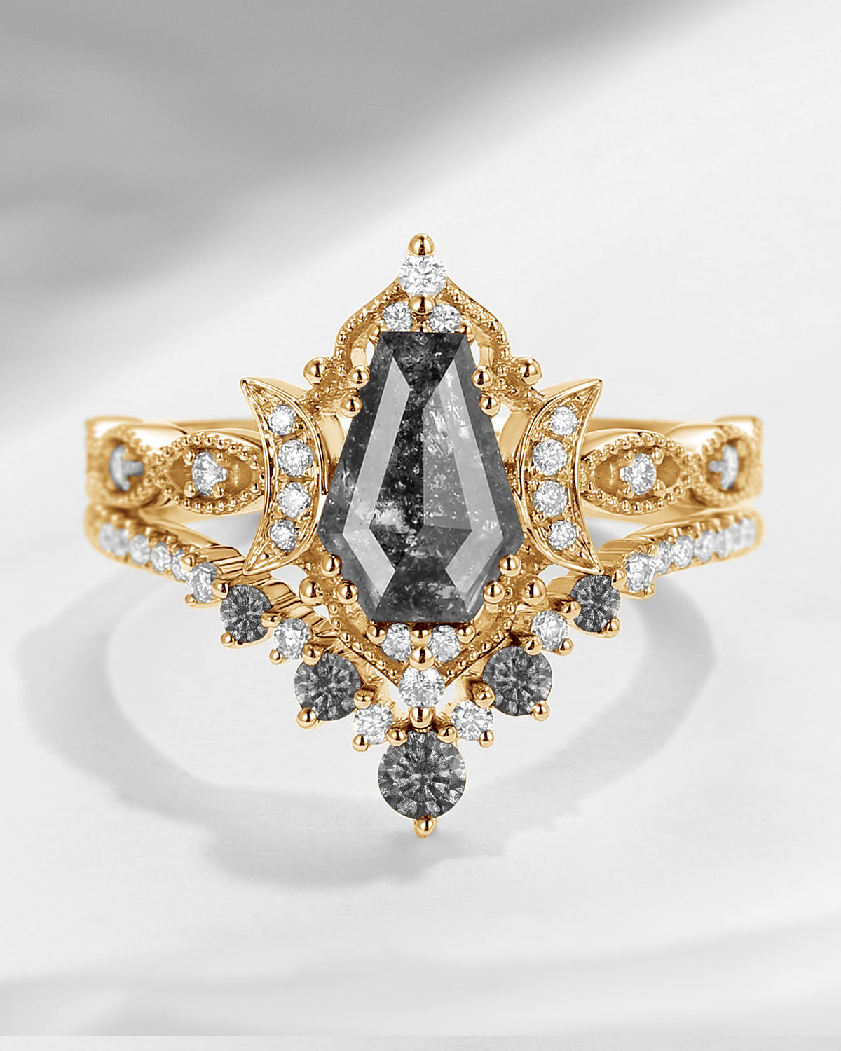 Crescent Moon | Coffin Cut Salt And Pepper Diamond 'Till Death Do Us Apart' Ring Set 2pcs