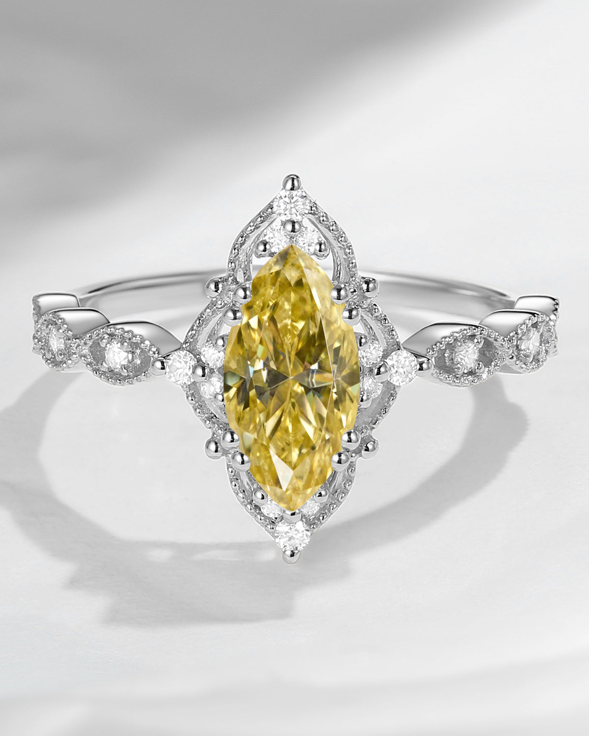 18K Unique Marquise Yellow Moissanite Vintage Inspired Engagement Ring