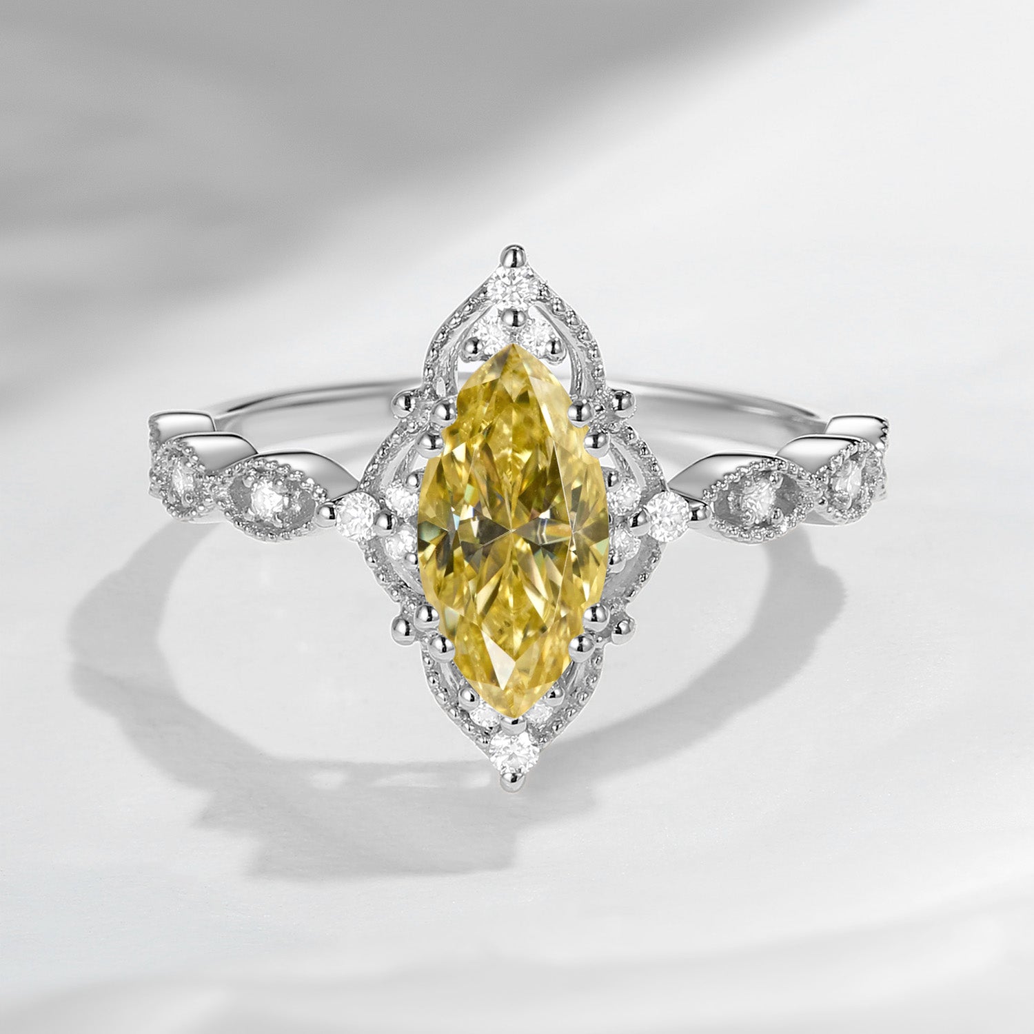 18K Unique Marquise Yellow Moissanite Vintage Inspired Engagement Ring