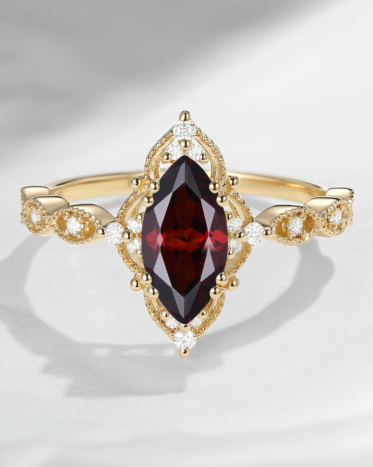 18K Unique Marquise Garnet Vintage Inspired Engagement Ring