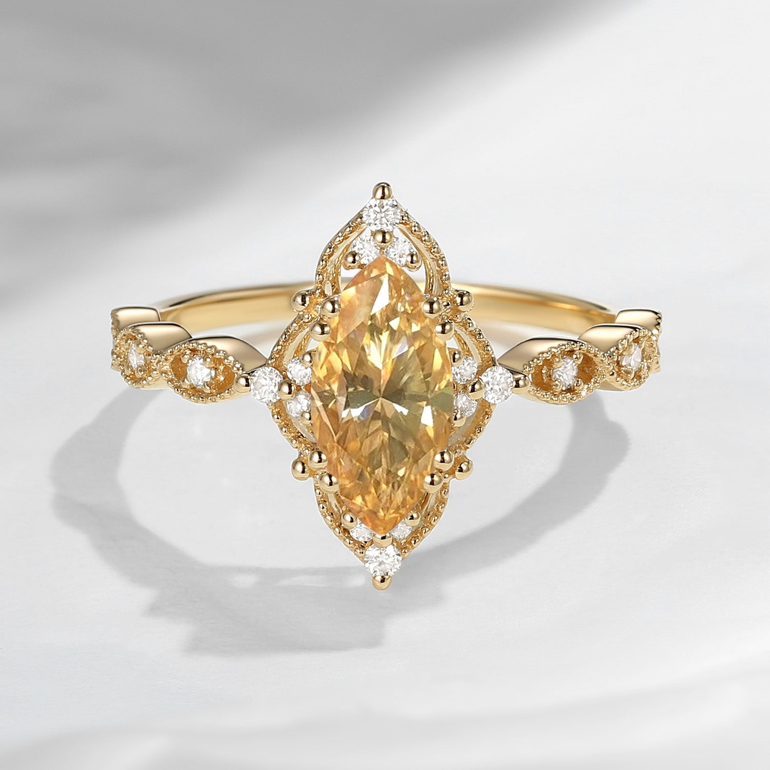 18K Unique Marquise Champagne Moissanite Vintage Inspired Engagement Ring