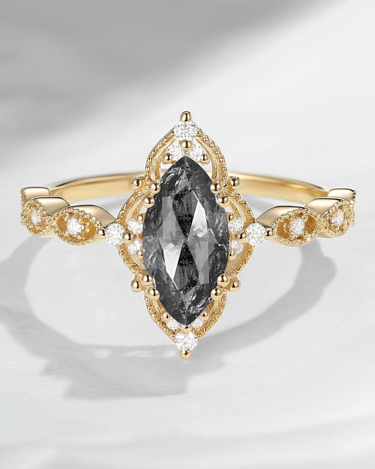 Unique Marquise Cut Natural Salt And Pepper Diamond Vintage Inspired Engagement Ring