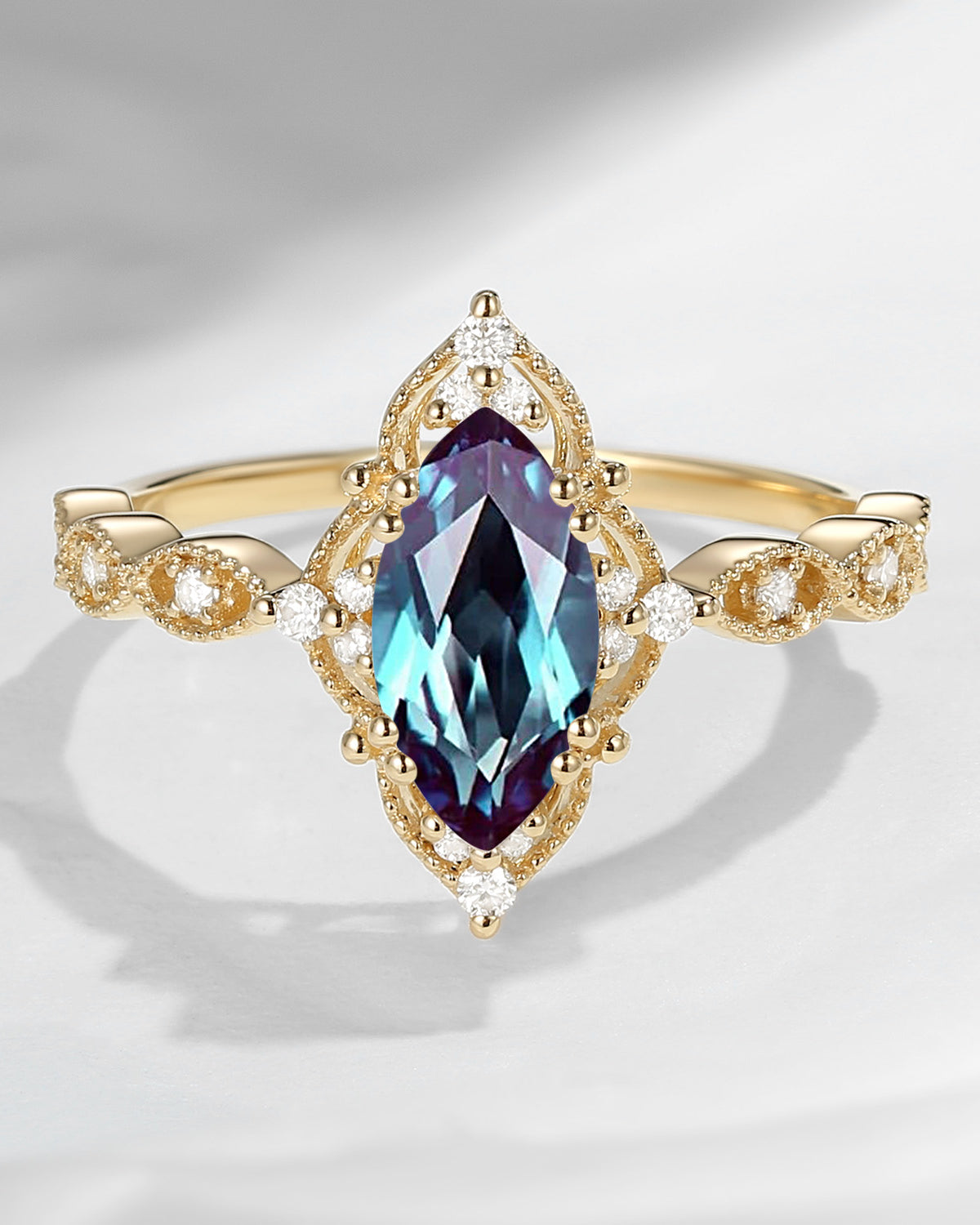 Unique Marquise Cut Lab Alexandrite Vintage Inspired Engagement Ring