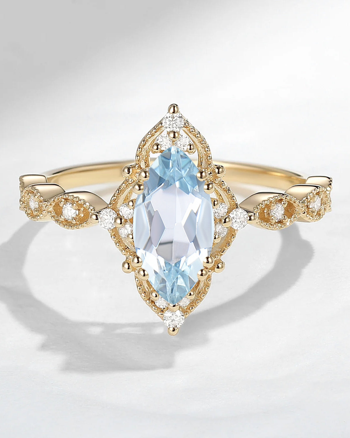 18K Unique Marquise Aquamarine Vintage Inspired Engagement Ring
