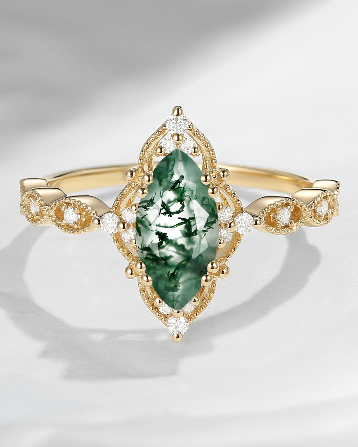 18K Unique Marquise Moss Agate Vintage Inspired Engagement Ring