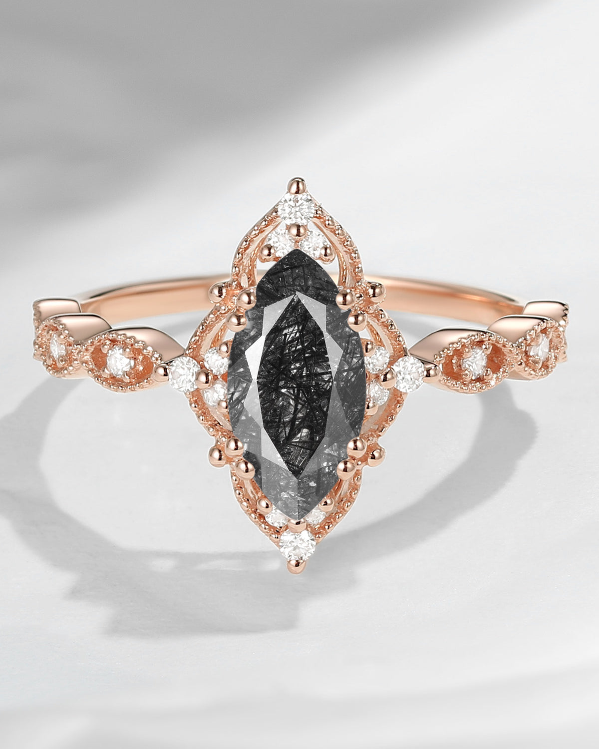 18K Unique Marquise Black Rutilated Quartz Vintage Inspired Engagement Ring