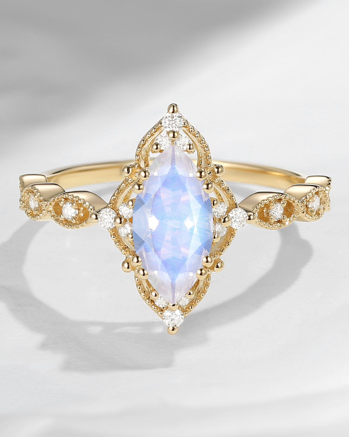 18K Unique Marquise Moonstone Vintage Inspired Engagement Ring