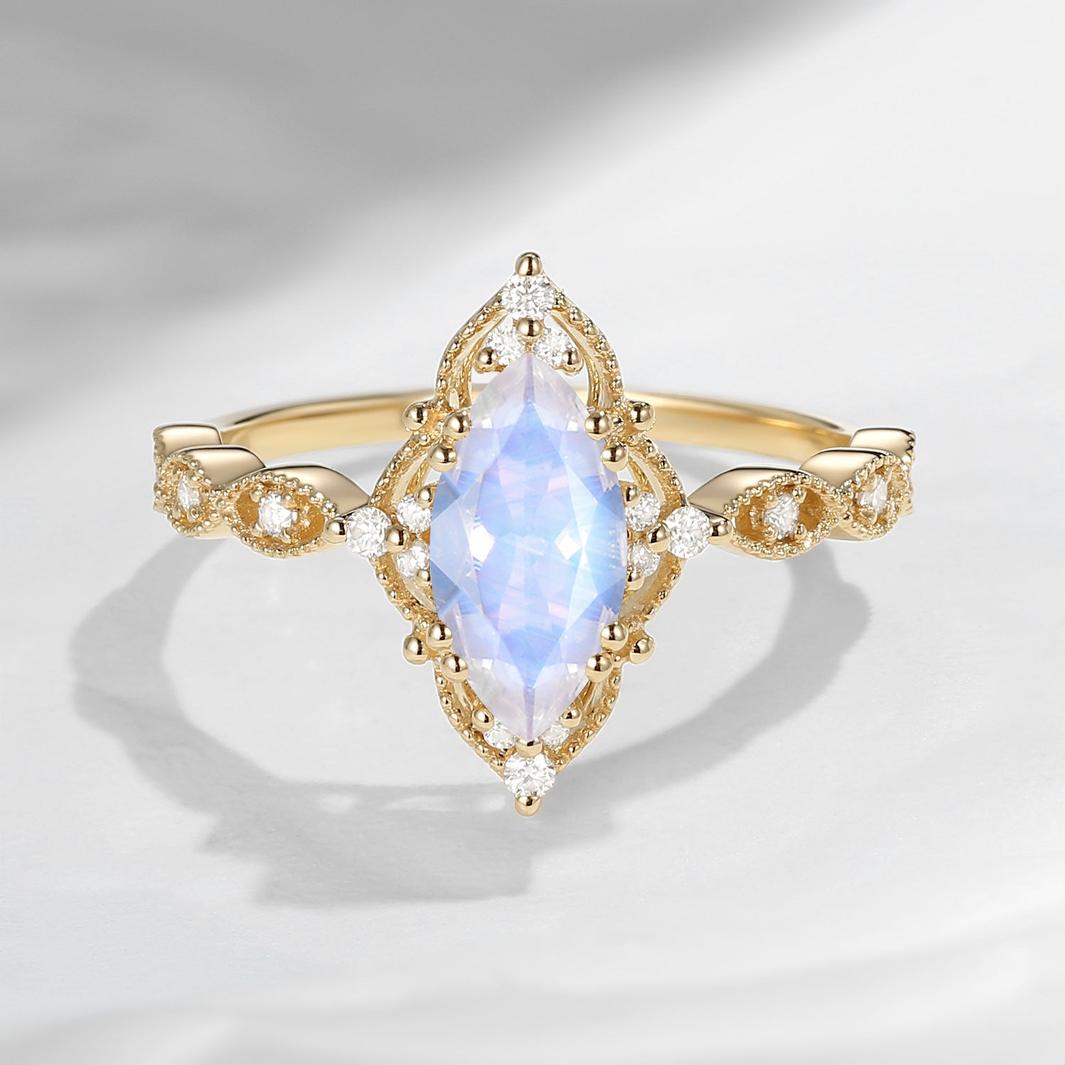18K Unique Marquise Moonstone Vintage Inspired Engagement Ring