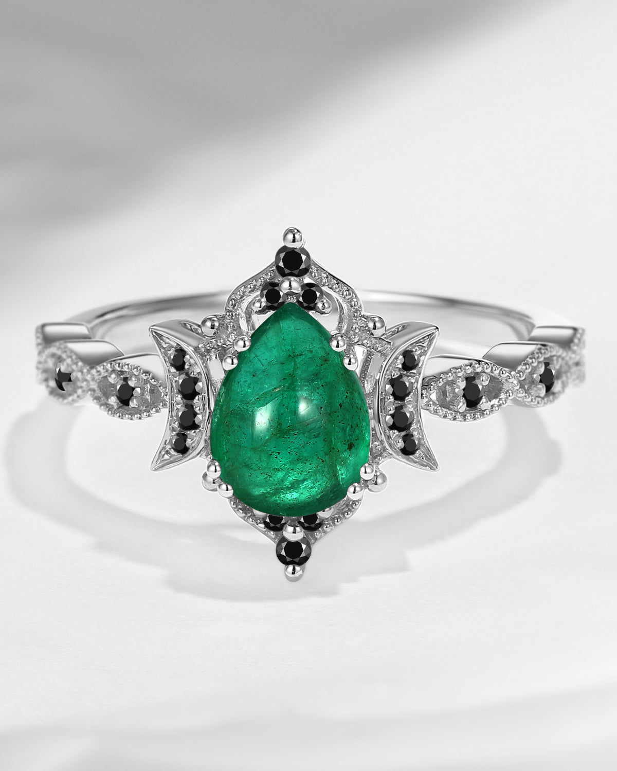 Crescent Moon | Unique Gothic Pear Cut Natural Emerald Engagement Ring - Eclipse