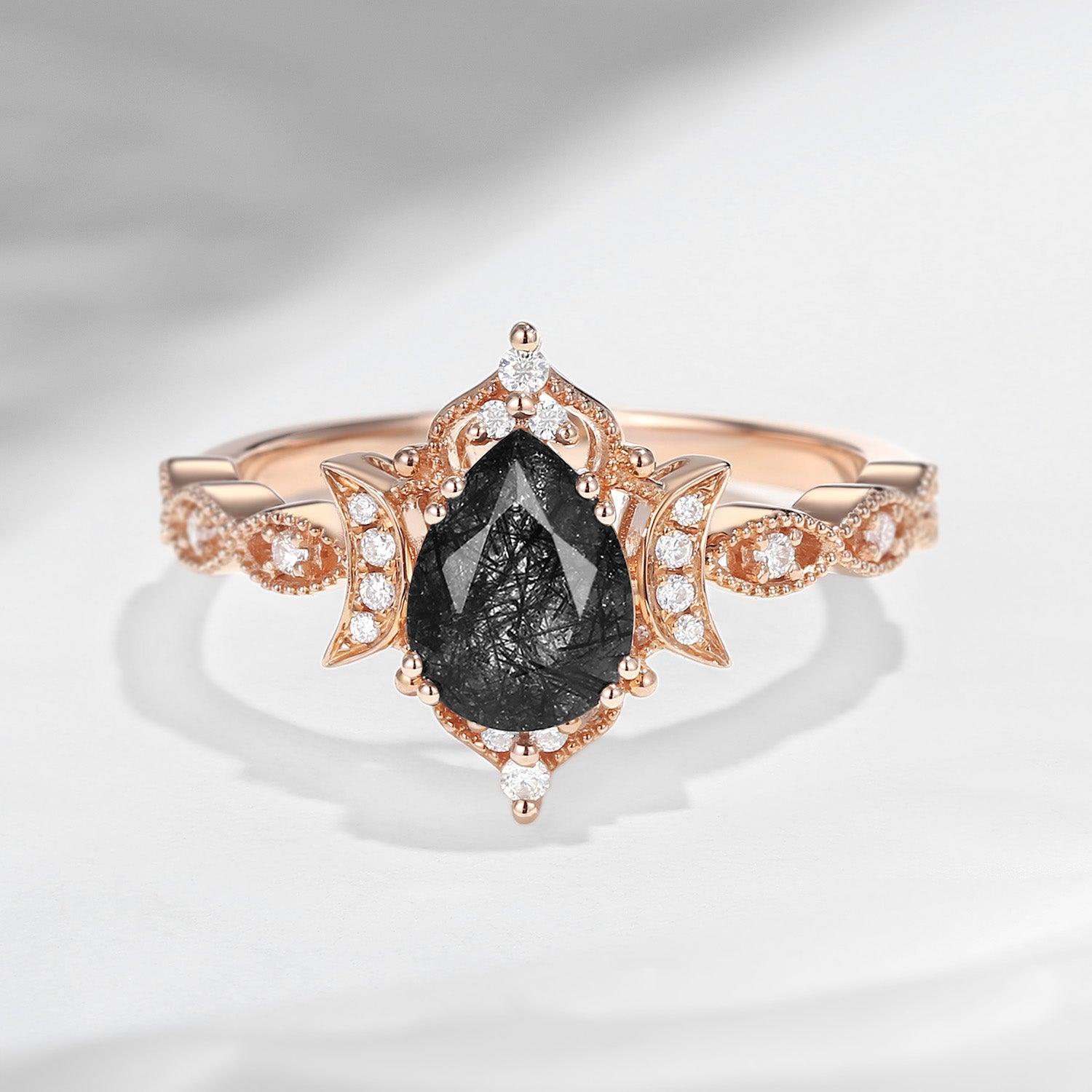 Crescent Moon | Antique Pear Cut Black Rutilated Quartz Engagement Ring