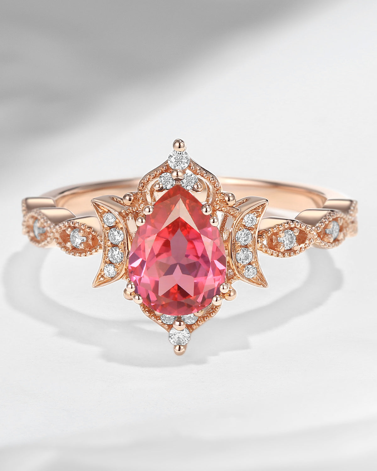Crescent Moon | Unique Pear Shaped Lab Padparadscha Engagement Ring