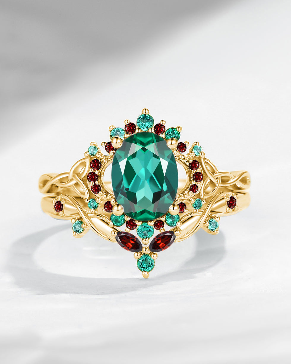 Celtic Moon | Unique Oval Cut Lab Emerald Infinity Celtic Engagement Ring Set 2pcs