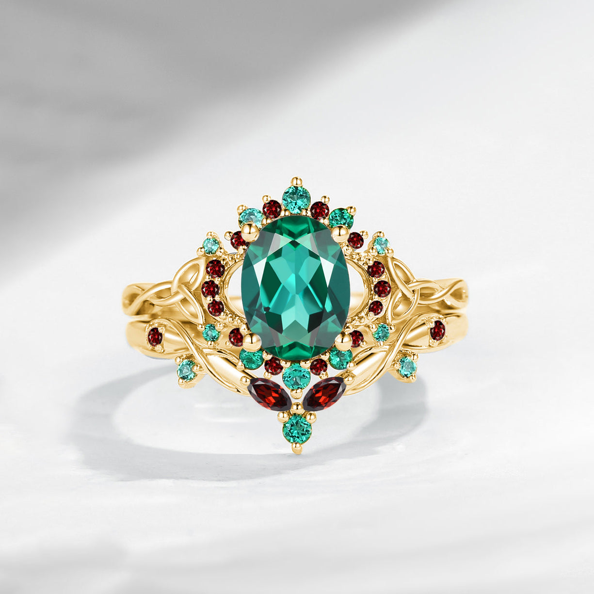 Celtic Moon | Unique Oval Cut Lab Emerald Infinity Celtic Engagement Ring Set 2pcs
