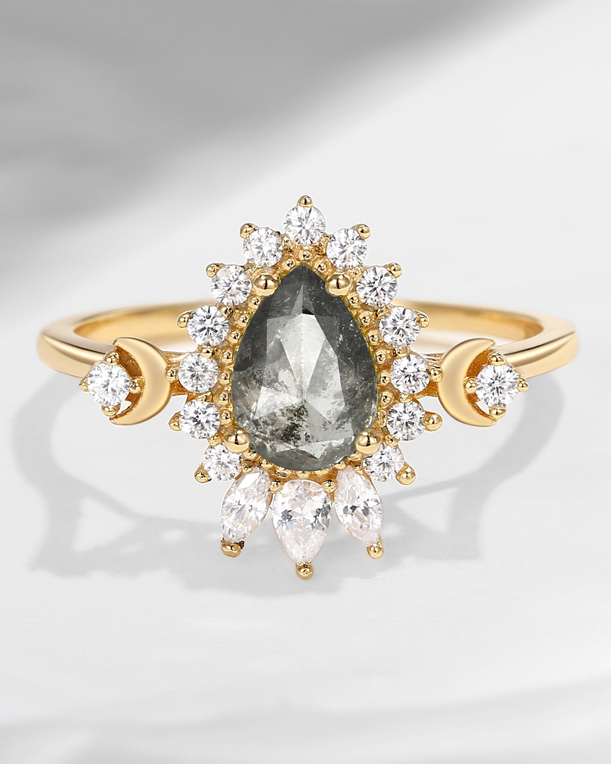Crescent Moon | Pear Cut Salt And Pepper Diamond Cluster Halo Ring