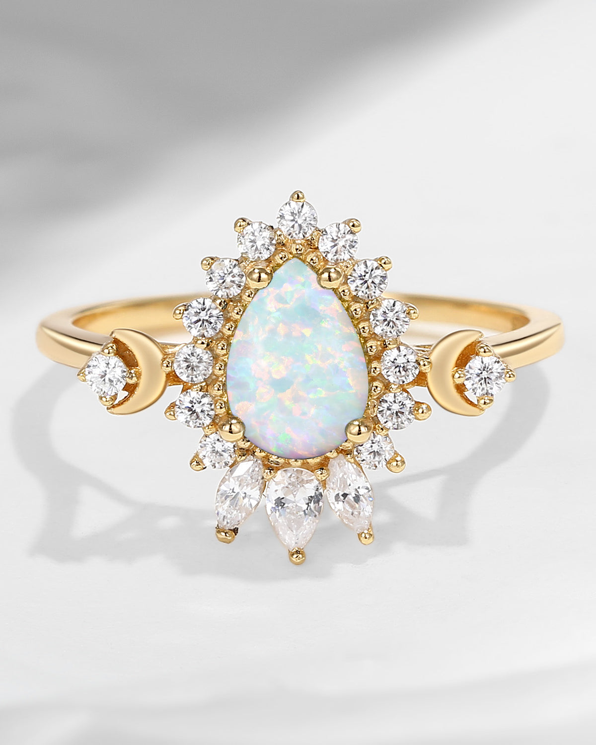 Crescent Moon | Lab Opal Engagement Halo Ring Mystic Moon