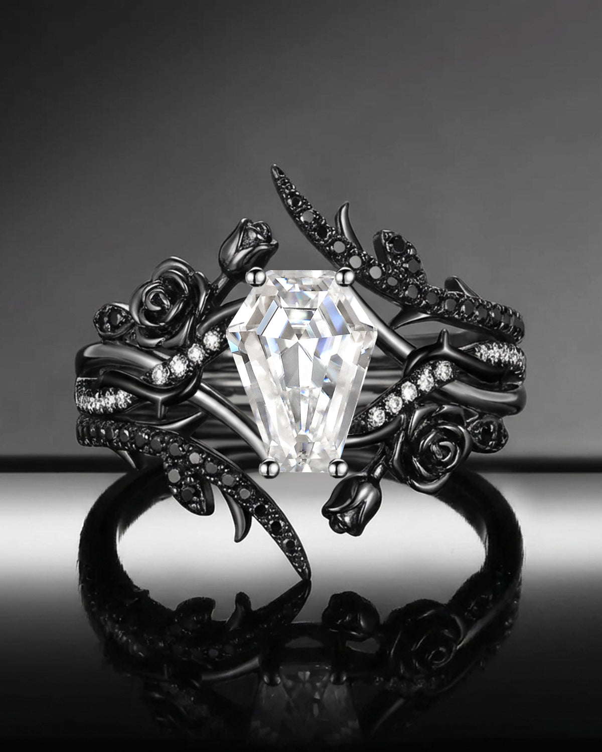 Gothic Nature Inspired Coffin Moissanite Rosebuds Leafy Two-Tone Cage Ring Set 2pcs - 'Thorns & Roses'