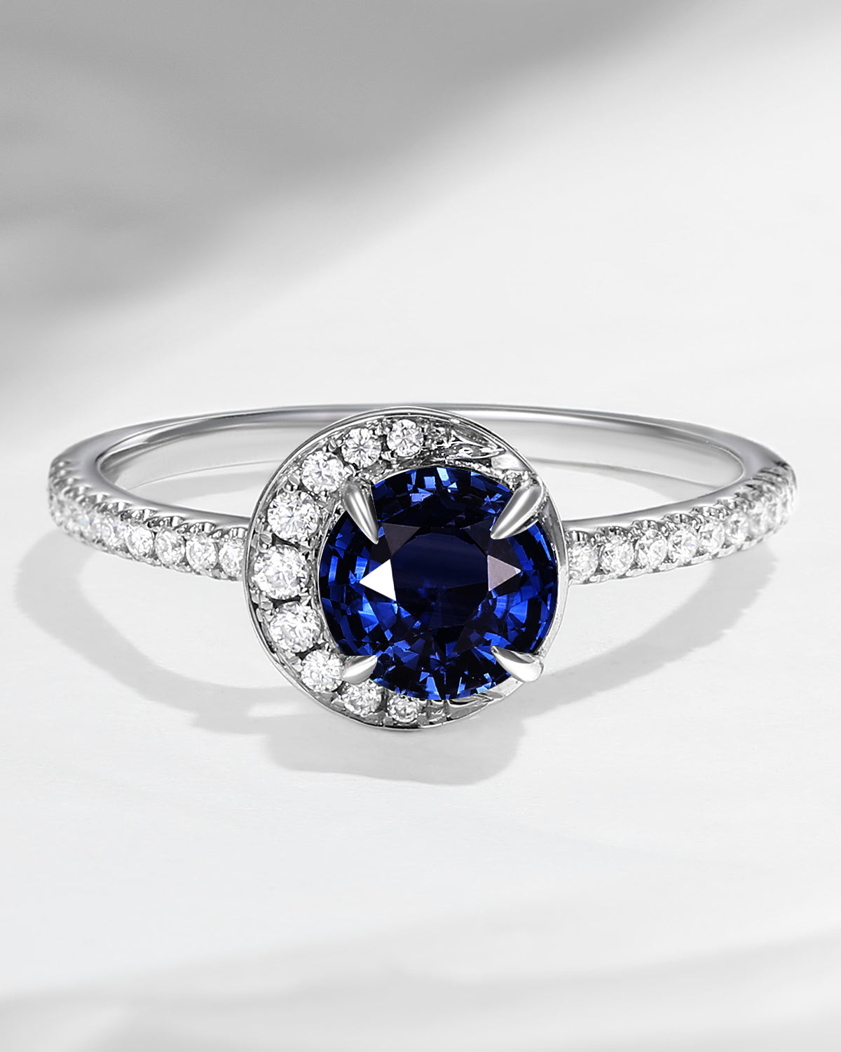 Crescent Moon | Unique Round Cut Natural Sapphire ‘Full Moon’ Engagement Ring