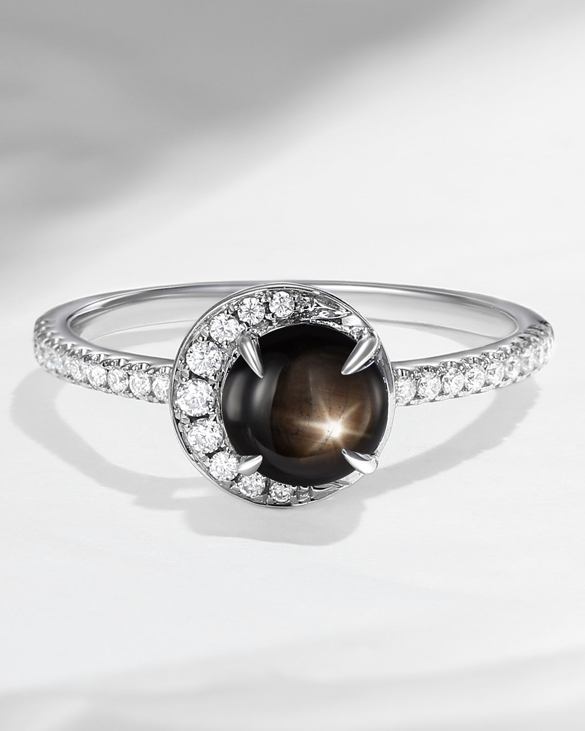 Crescent Moon | Unique Round Cut Natural Black Star Sapphire ‘Full Moon’ Engagement Ring