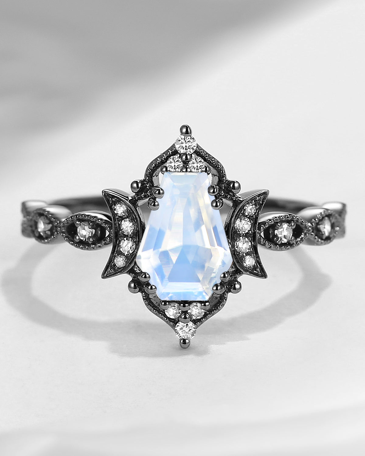Crescent Moon | Coffin Cut Natural Moonstone 'Black Statement' Ring
