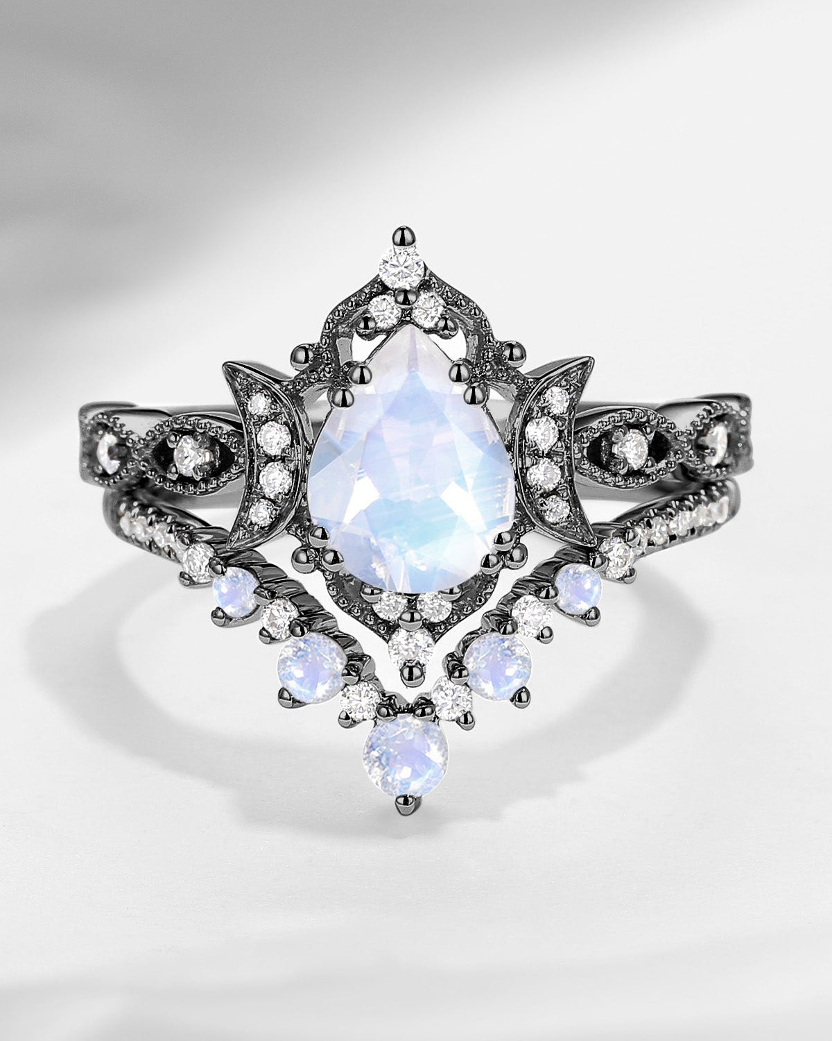 Crescent Moon | Pear Cut Moonstone Black Gold Engagement Ring Set 2PCS 18K
