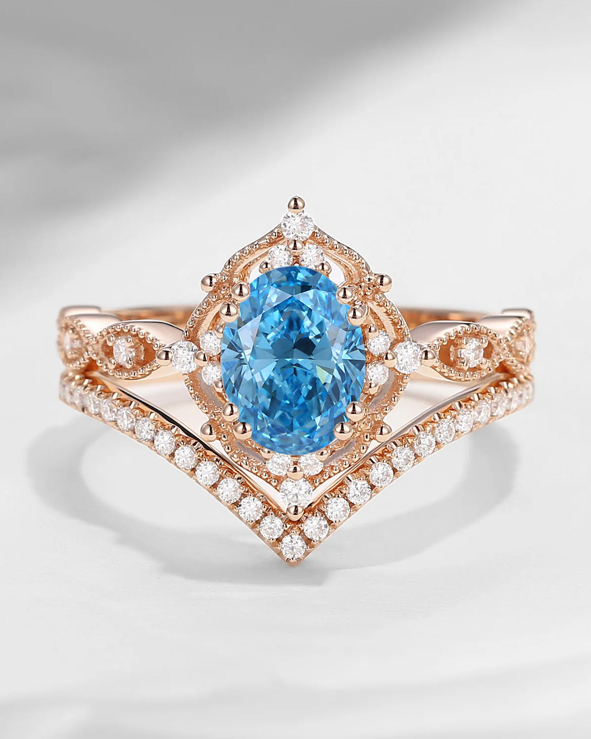 Oval Cut Vintage Inspired Blue Lab Diamond Bridal Set 2pcs