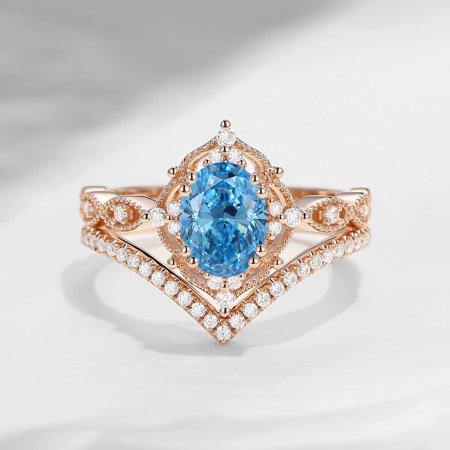Oval Cut Vintage Inspired Blue Lab Diamond Bridal Set 2pcs