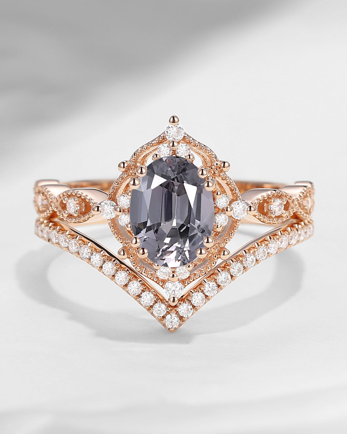 Classic Style Vintage Inspired Oval Cut Natural Spinel Engagement Ring Bridal Set 2pcs