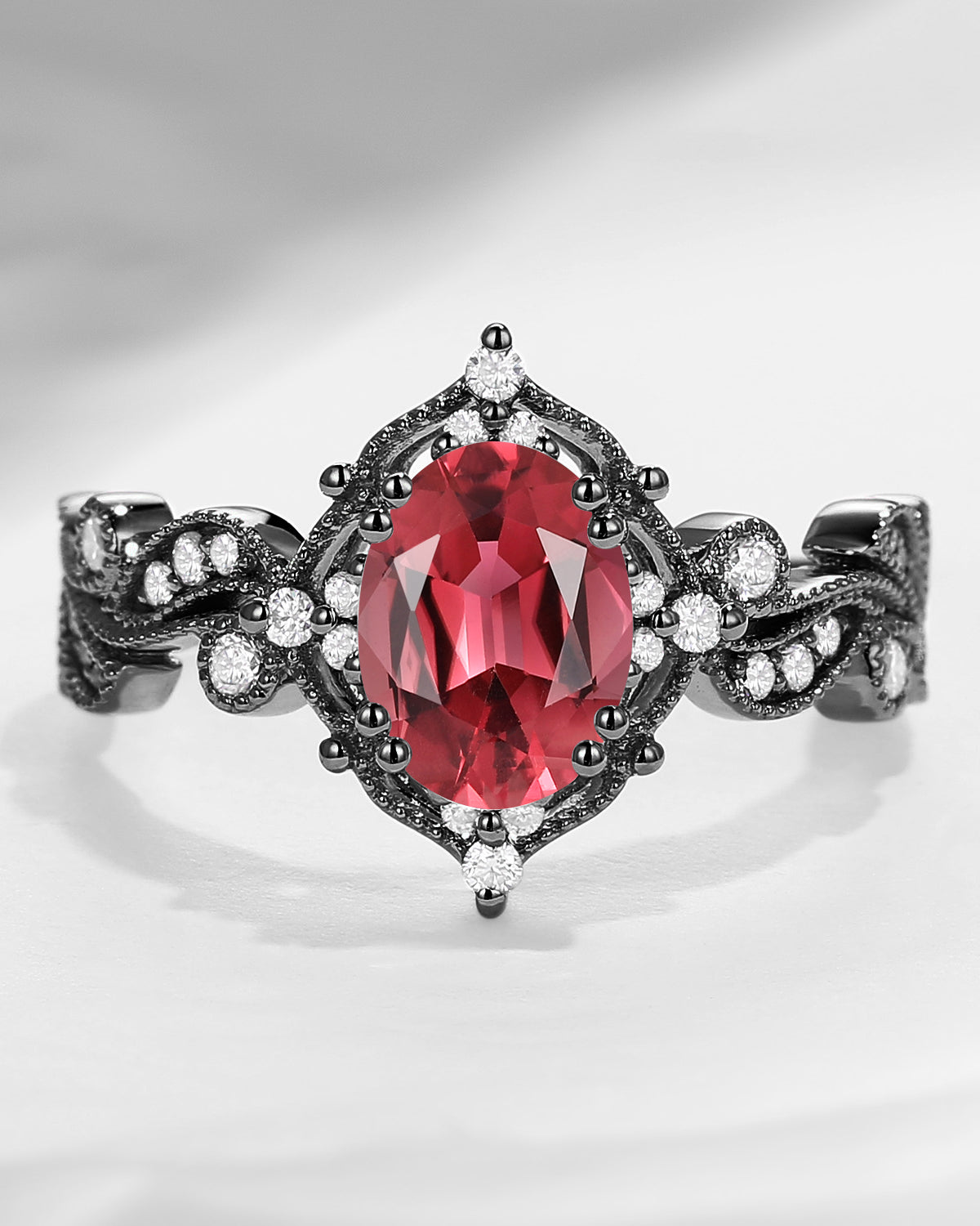 Unique Oval Cut Vine Natural Pink Tourmaline Art Deco Engagement Ring