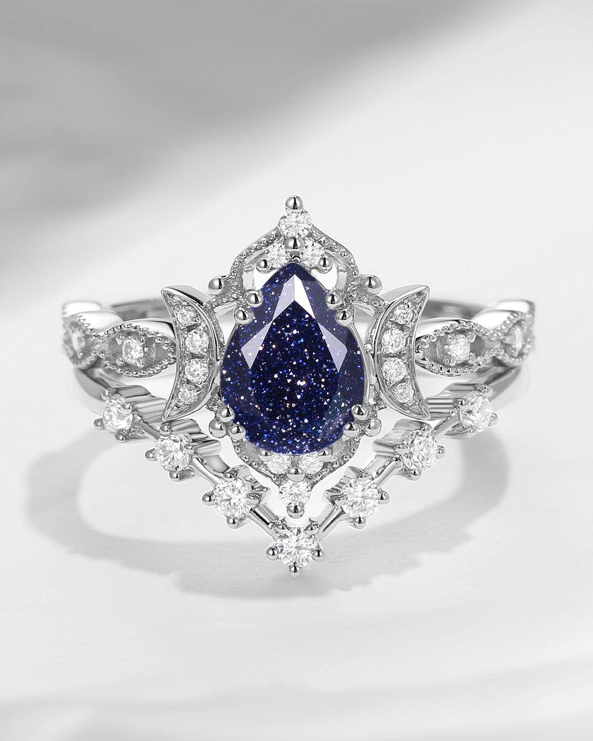 Crescent Moon | Pear Cut Blue Sandstone Galaxy Engagement Ring Set 2PCS