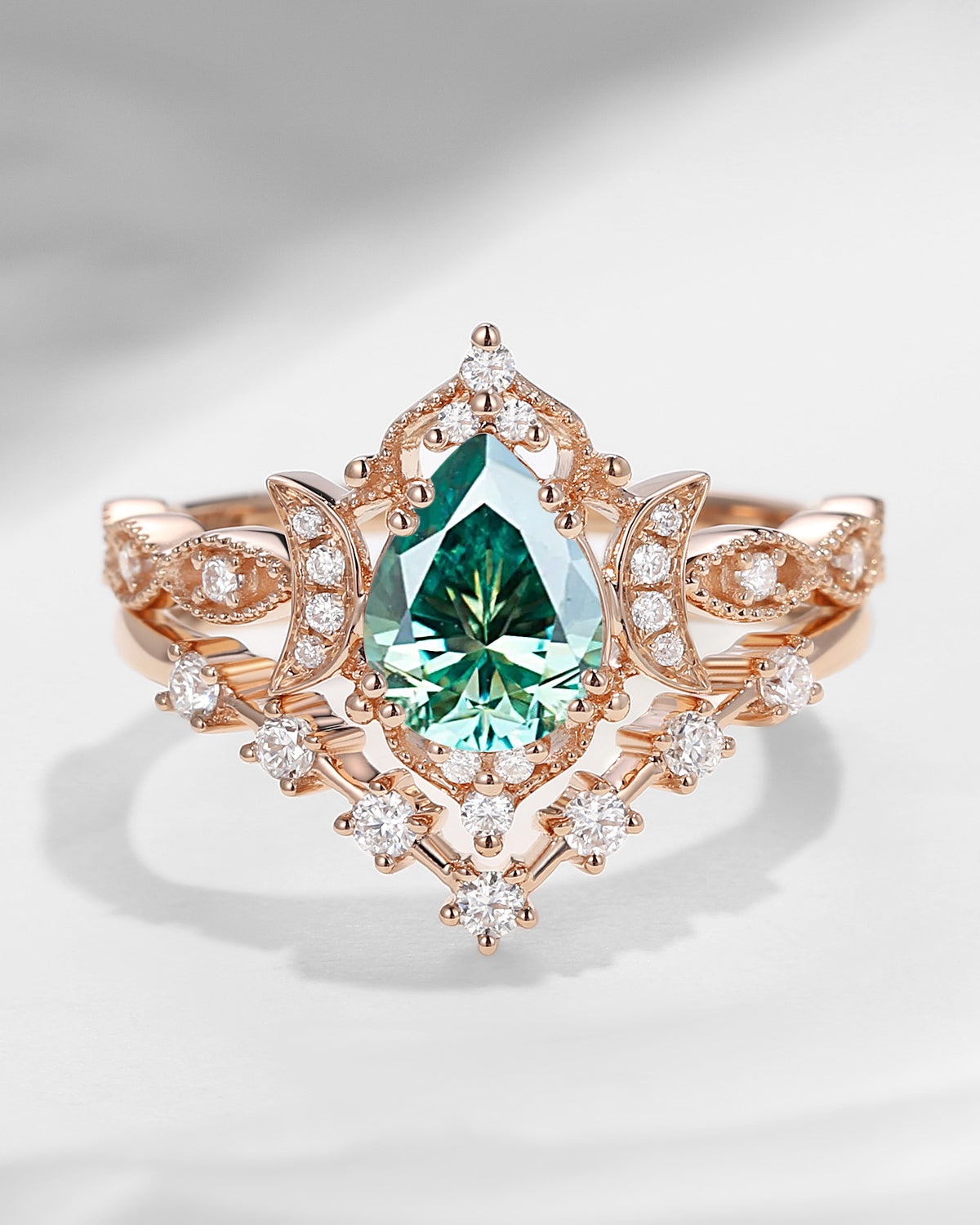 Crescent Moon | Pear Cut Teal Moissanite Galaxy Engagement Ring Set 2PCS