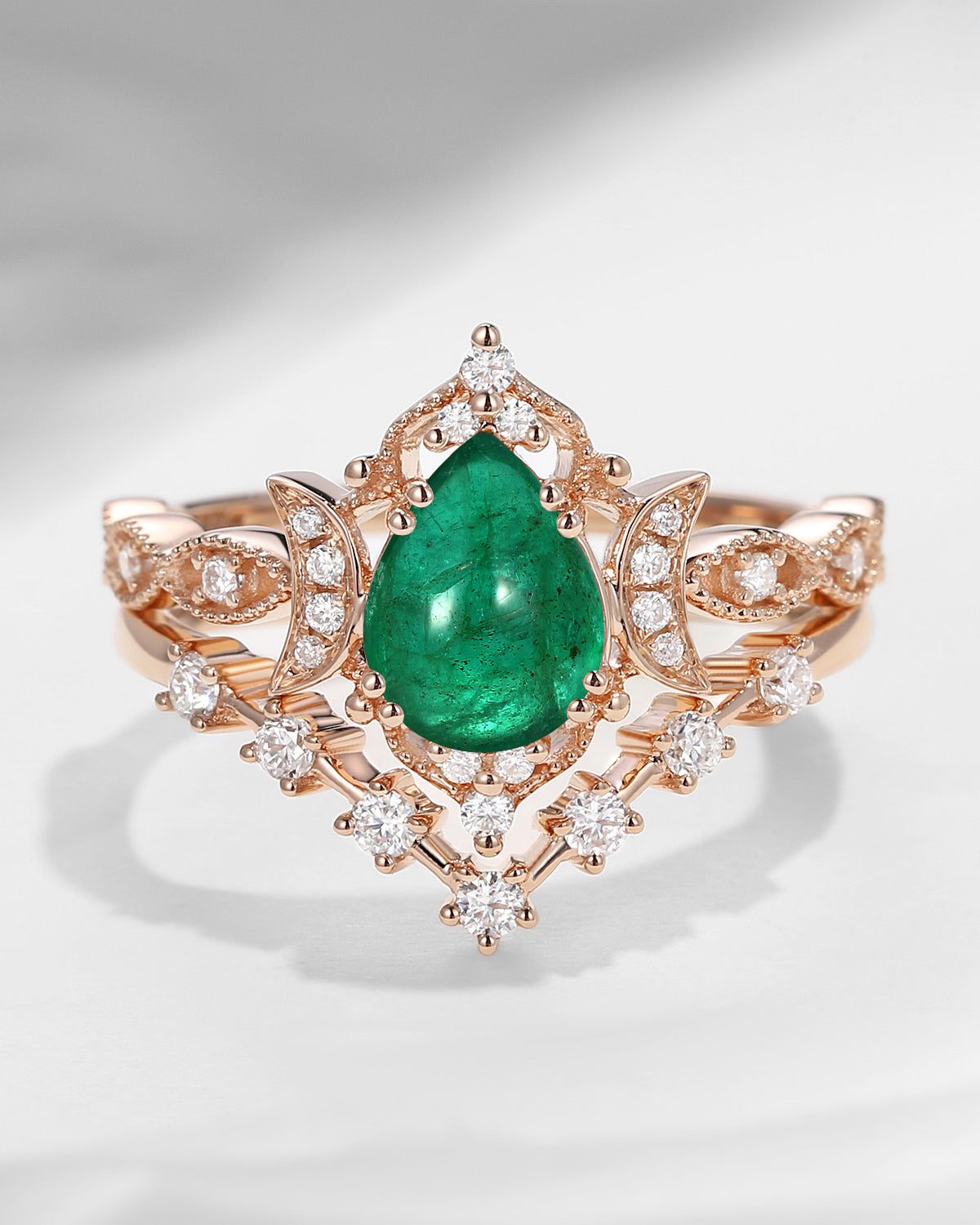 Crescent Moon | Pear Cut Natural Emerald Unique Galaxy Engagement Ring Set 2pcs