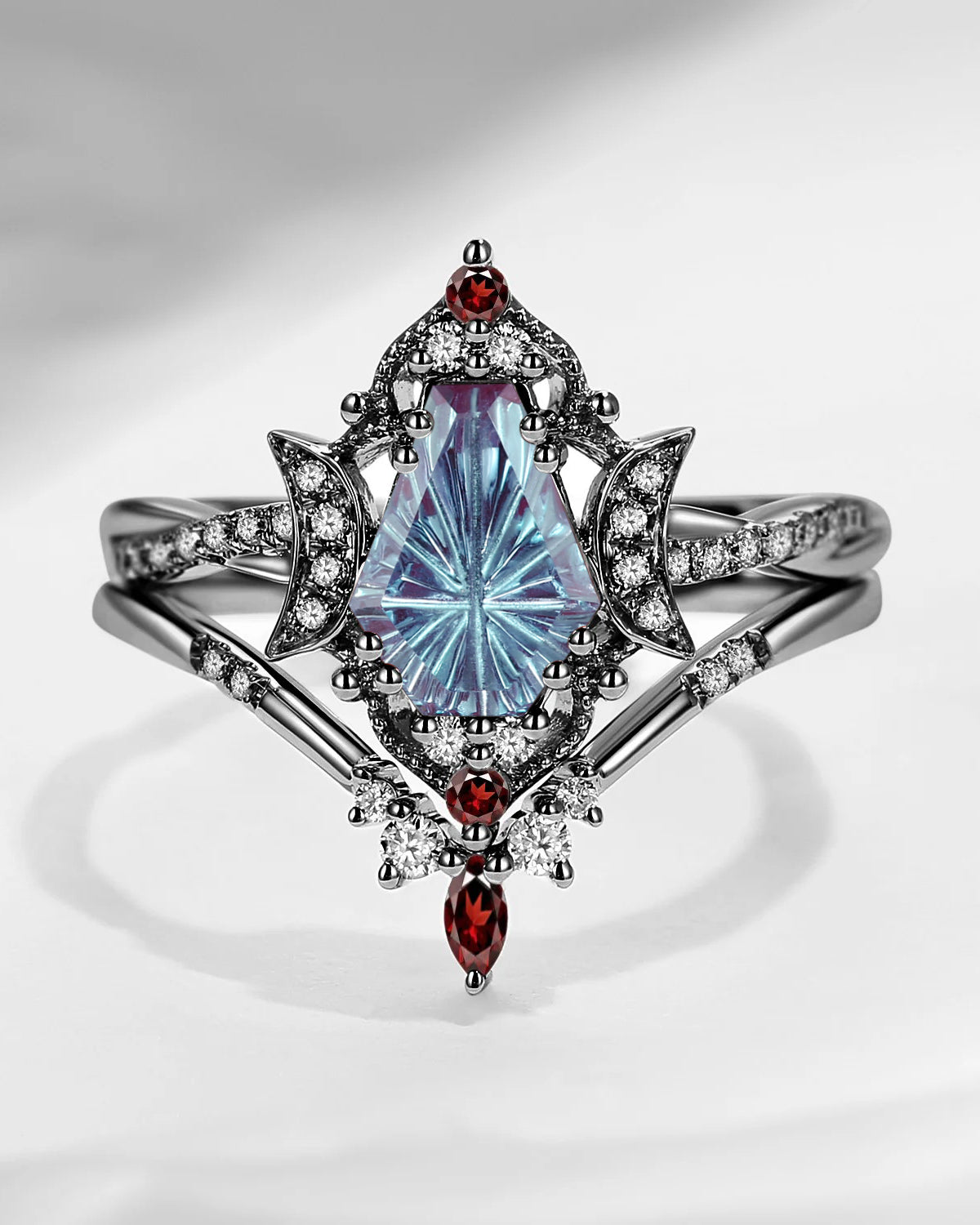 Crescent Moon | Infinity Firework Cut Coffin Lab Alexandrite Twisted Engagement Ring Set 2pcs - Alexandria