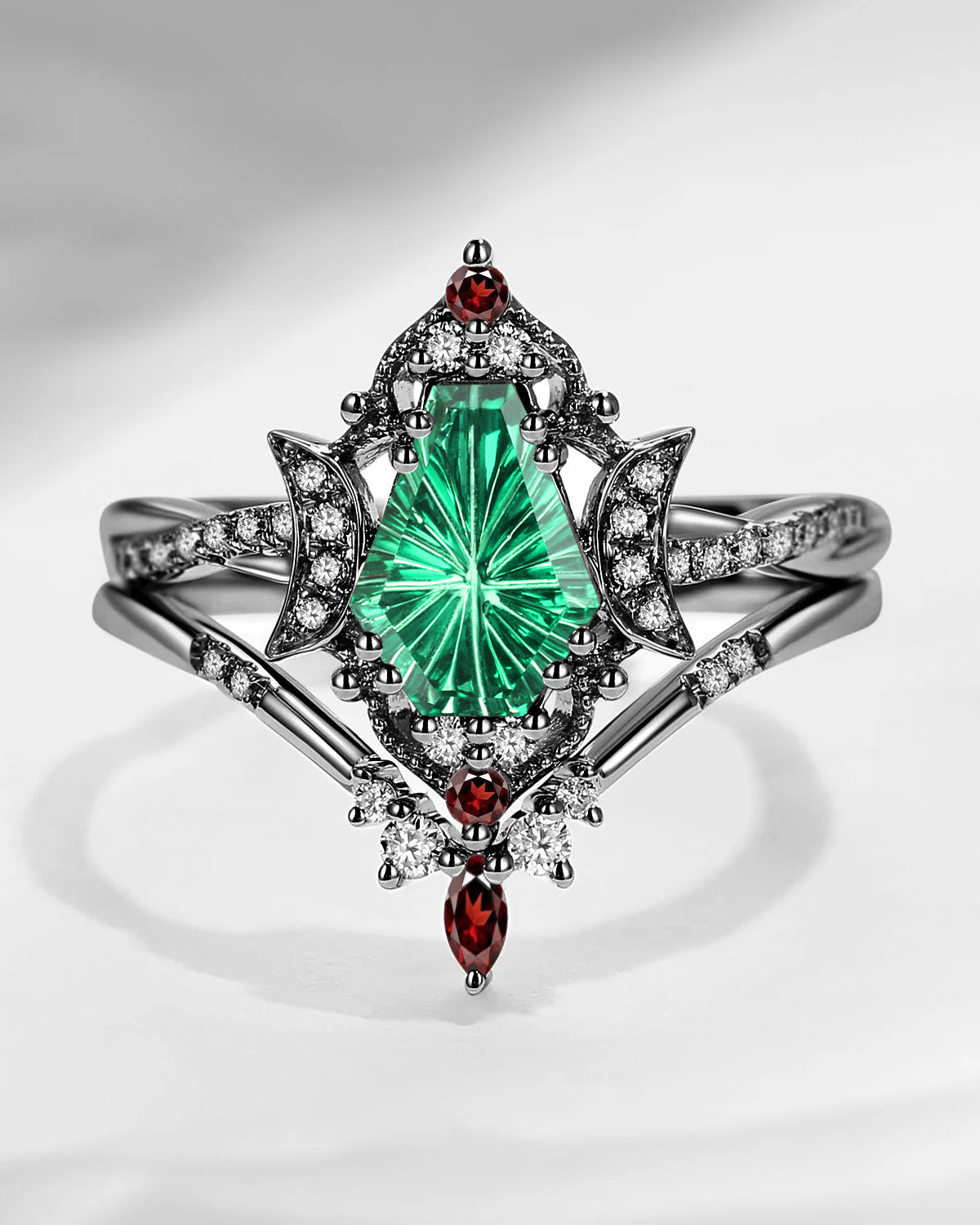 Crescent Moon | Infinity Firework Cut Coffin Lab Emerald Twisted Engagement Ring Set 2pcs - Alexandria