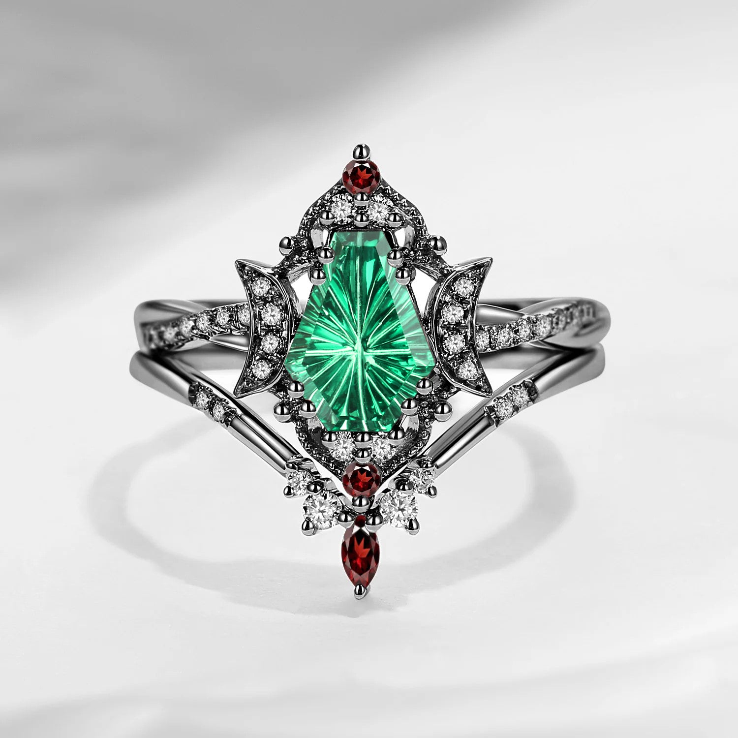 Crescent Moon | Infinity Firework Cut Coffin Lab Emerald Twisted Engagement Ring Set 2pcs - Alexandria