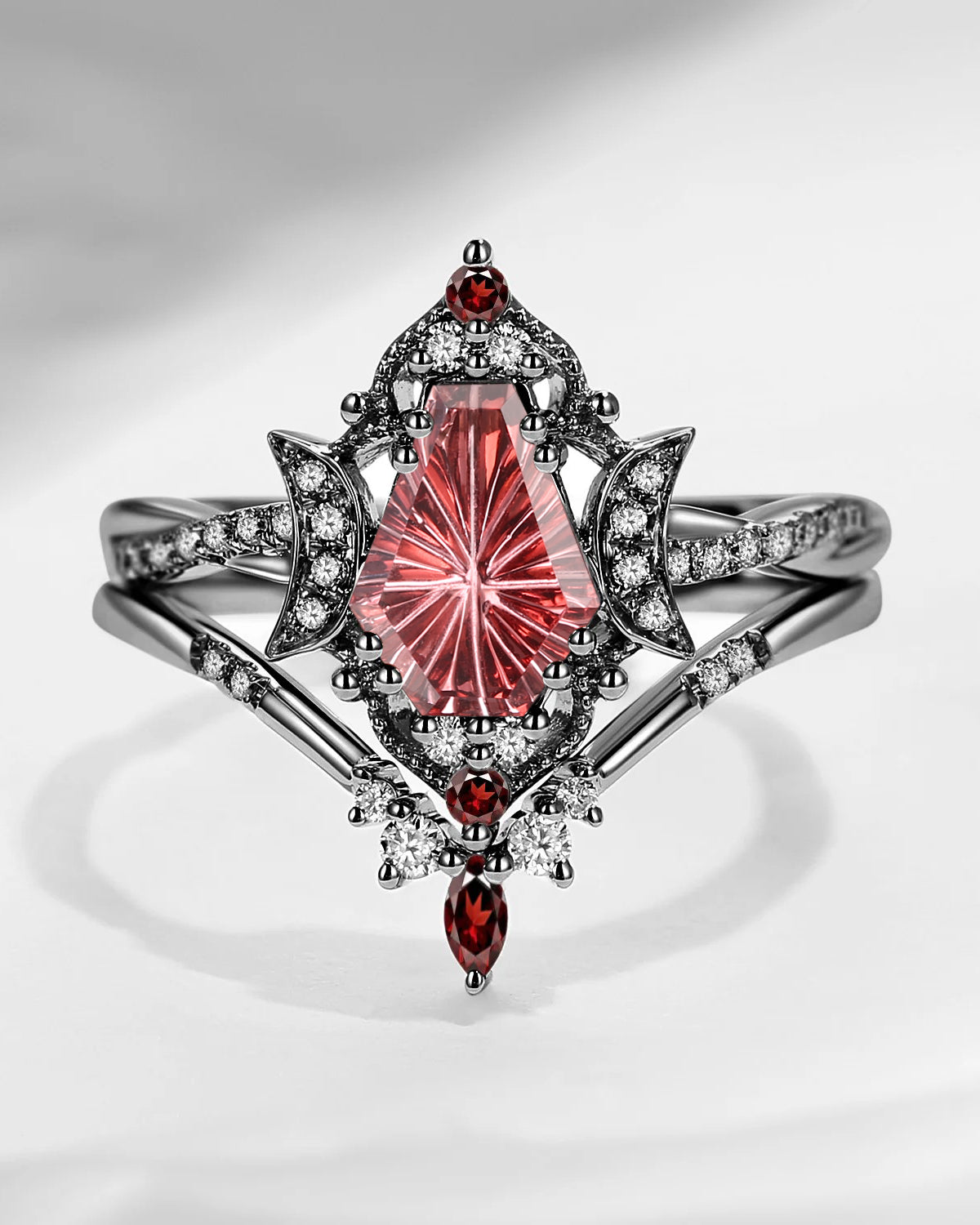 Crescent Moon | Infinity Firework Cut Coffin Garnet Twisted Engagement Ring Set 2pcs - Alexandria