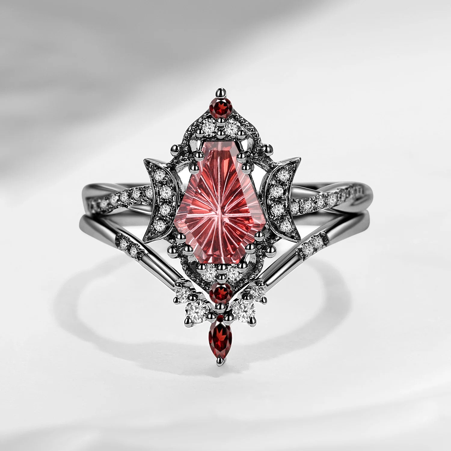 Crescent Moon | Infinity Firework Cut Coffin Garnet Twisted Engagement Ring Set 2pcs - Alexandria