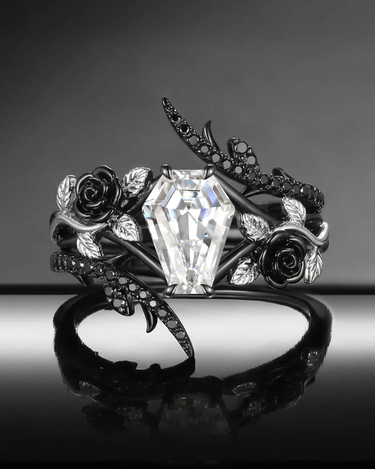 Gothic Nature Inspired Coffin Moissanite 'Thorns & Roses' Two-Tone Leafy Cage Ring Set 2pcs