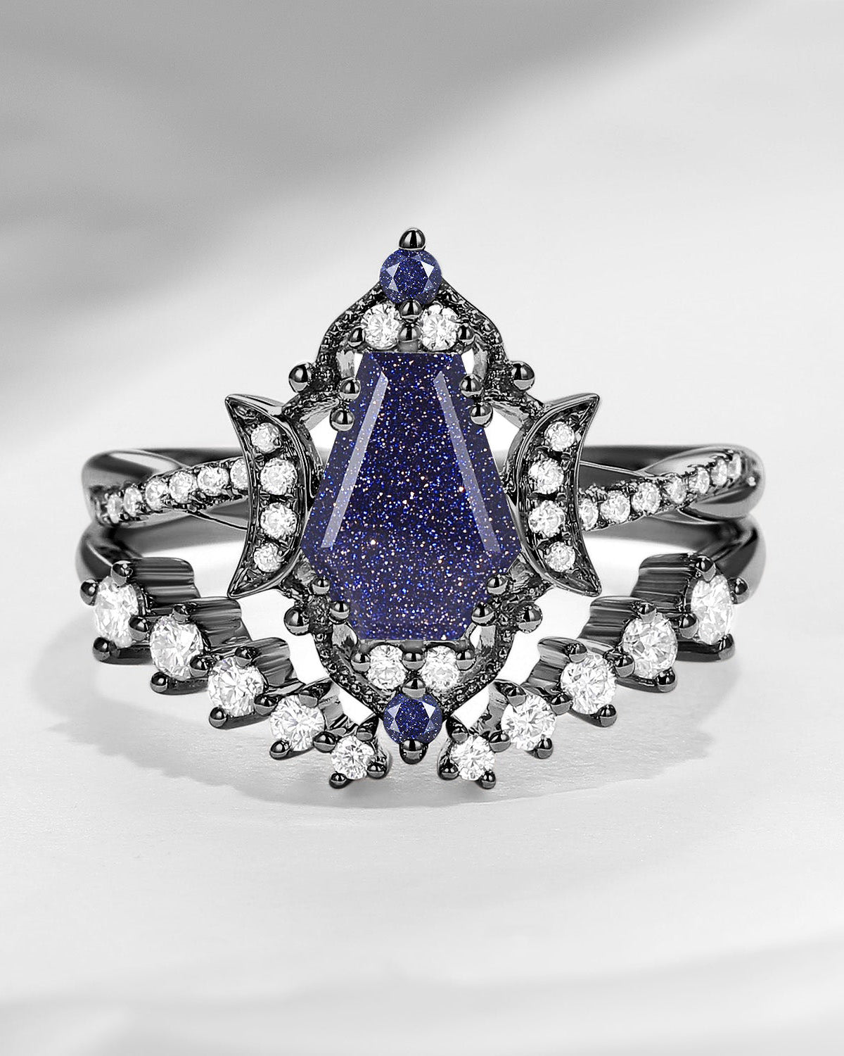 Crescent Moon | Coffin Cut Blue Sandstone Infinity Open Black Gold Engagement Ring 2pcs - Infinity Galaxy