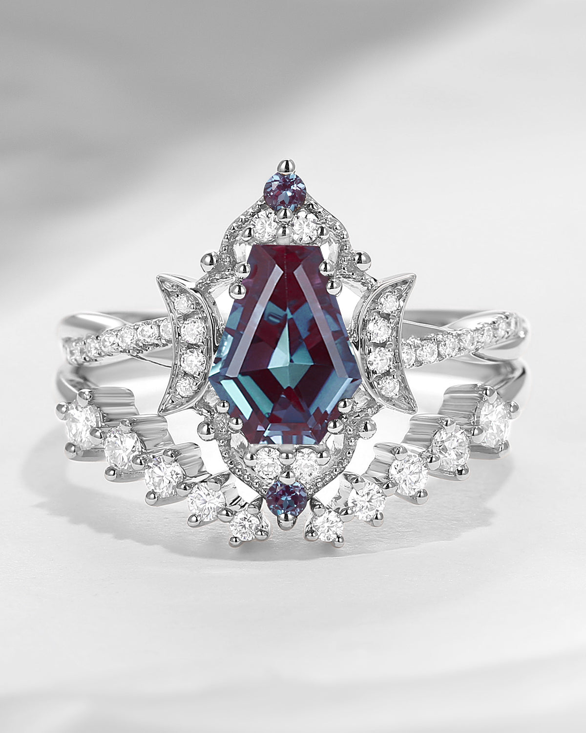 Crescent Moon | Coffin Cut Lab Alexandrite Twisted Infinity Open Engagement Ring 2pcs