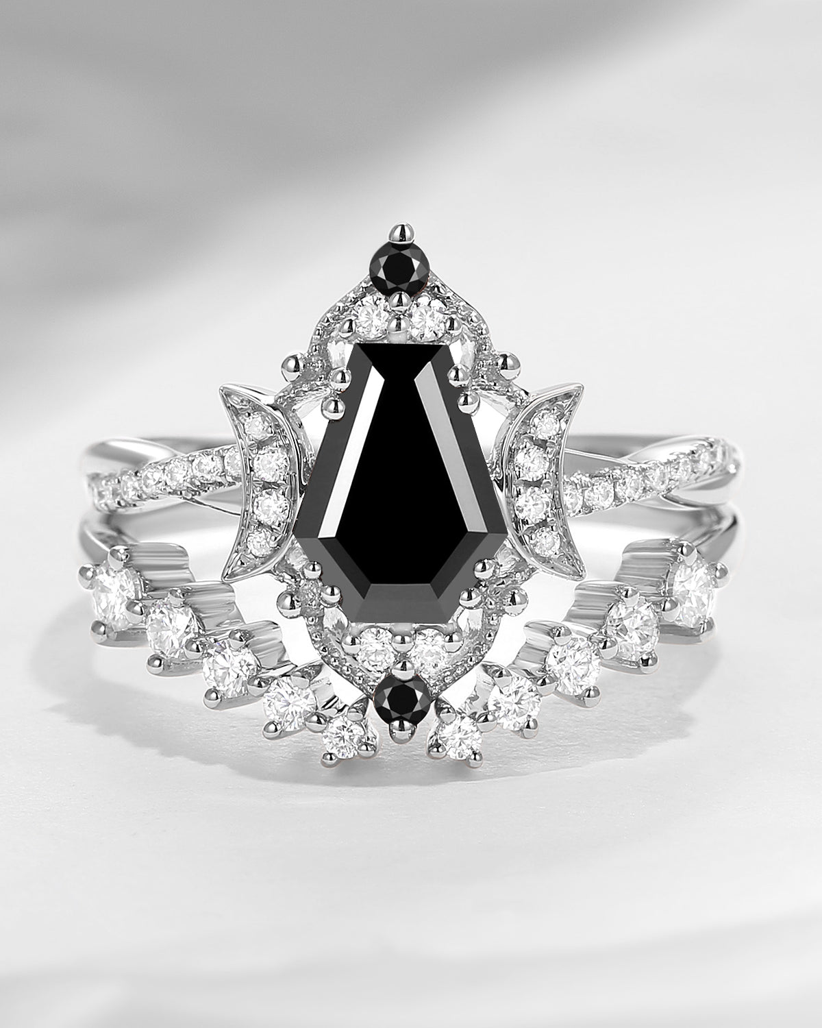 Crescent Moon | Coffin Cut Black Moissanite Infinity Open Engagement Ring 2pcs - Infinity Galaxy