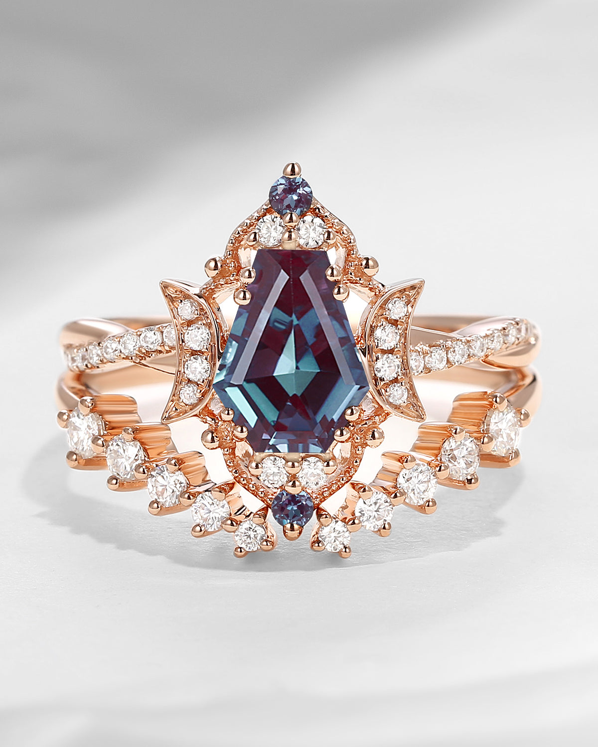 Crescent Moon | Coffin Cut Lab Alexandrite Infinity Open Engagement Ring 2pcs - Infinity Galaxy